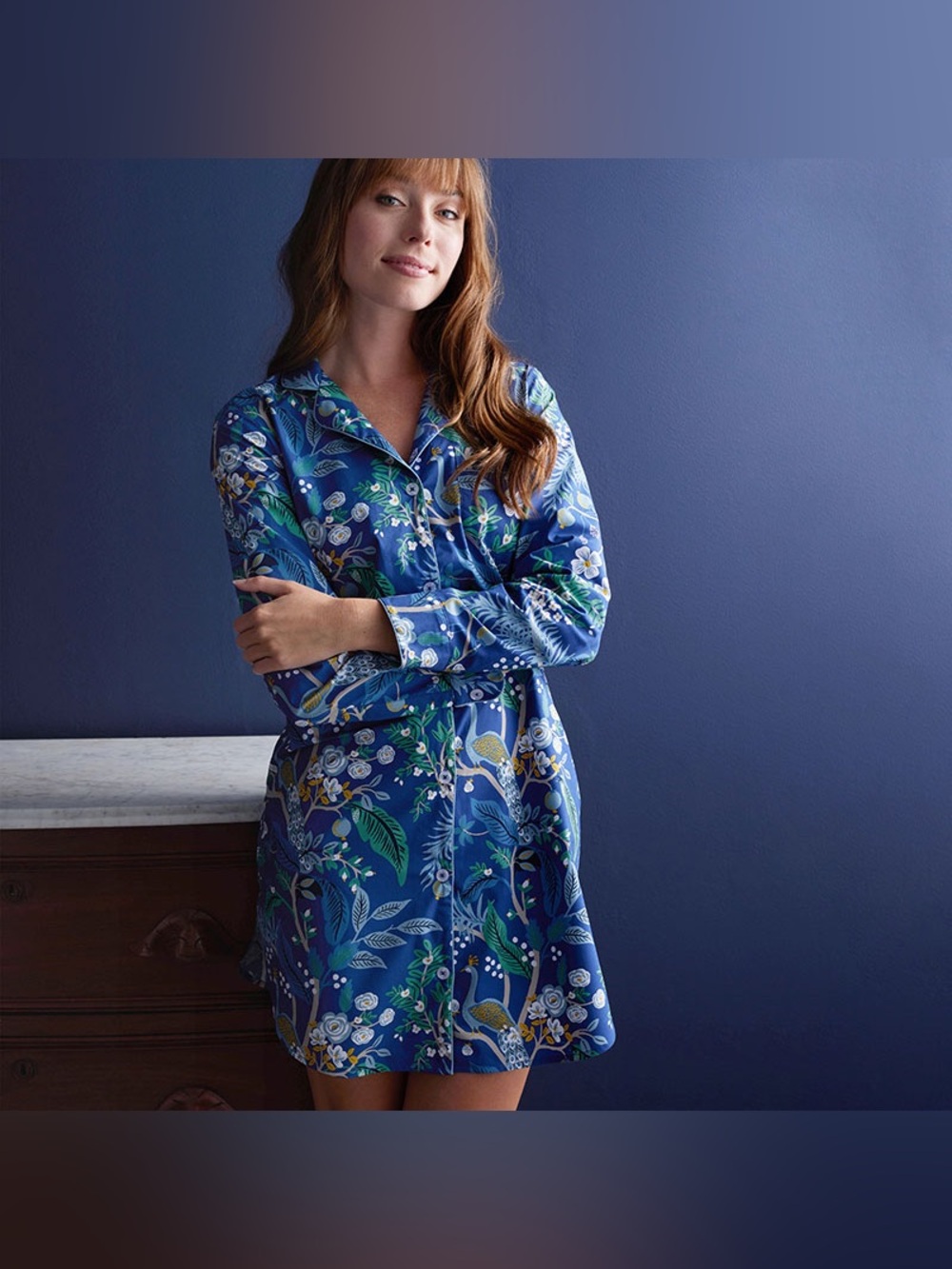 Rifle Paper Co. x The Company Store Poplin Nightshirt Peacock Print Sleep Dress